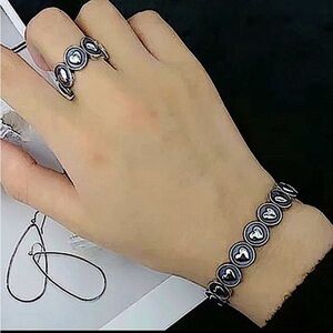 Heart Design Sterling Silver Bangle Cuff Bracelet Matching Ring Set